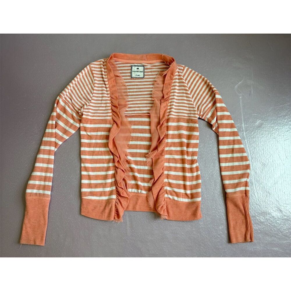 Poof Girl Women's Striped Ruffle Open Front Cardigan Sweater‎ Orange S